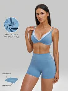 MFVIM Women's Naked Feel Triangle Cup Bra Thin Wire-Free Sports Set Backless Spaghetti Strap Fitness 2-Piece Set - Baby Blue - View 5