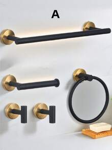 Juego de accesorios colgantes de almacenamiento para baño que incluye barra para toallas, aro para toallas, portarrollos de papel higiénico de acero inoxidable, gancho multifunción y barra colgante multiusos, 1 pieza en total. - oro negro - Ver 8