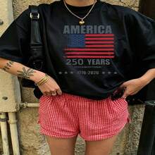 Heartfelt Daily Casual Graphic T-Shirt 100% Cotton Oversized Soft Breathable Casual Crewneck Short Sleeve Top Vintage Aesthetic Red Checkered Shorts Street Style  Basic Casual Wearers Fashion Lovers Daily Outfit Enthusiasts Gift Givers - 黑色 - 查看 18