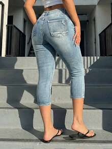 Jkorea High Waisted Capri Jeans - Light Wash Slim Fit Cropped Skinny Denim - Light Wash - View 3