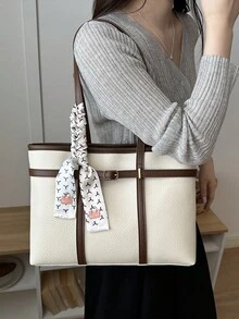 Bolso tote de hombro de gran capacidad con bufanda gratis, color liso, estilo casual de moda para uso diario, bolso de mano de PU con patchwork de bloques de color - Beis - Ver 4