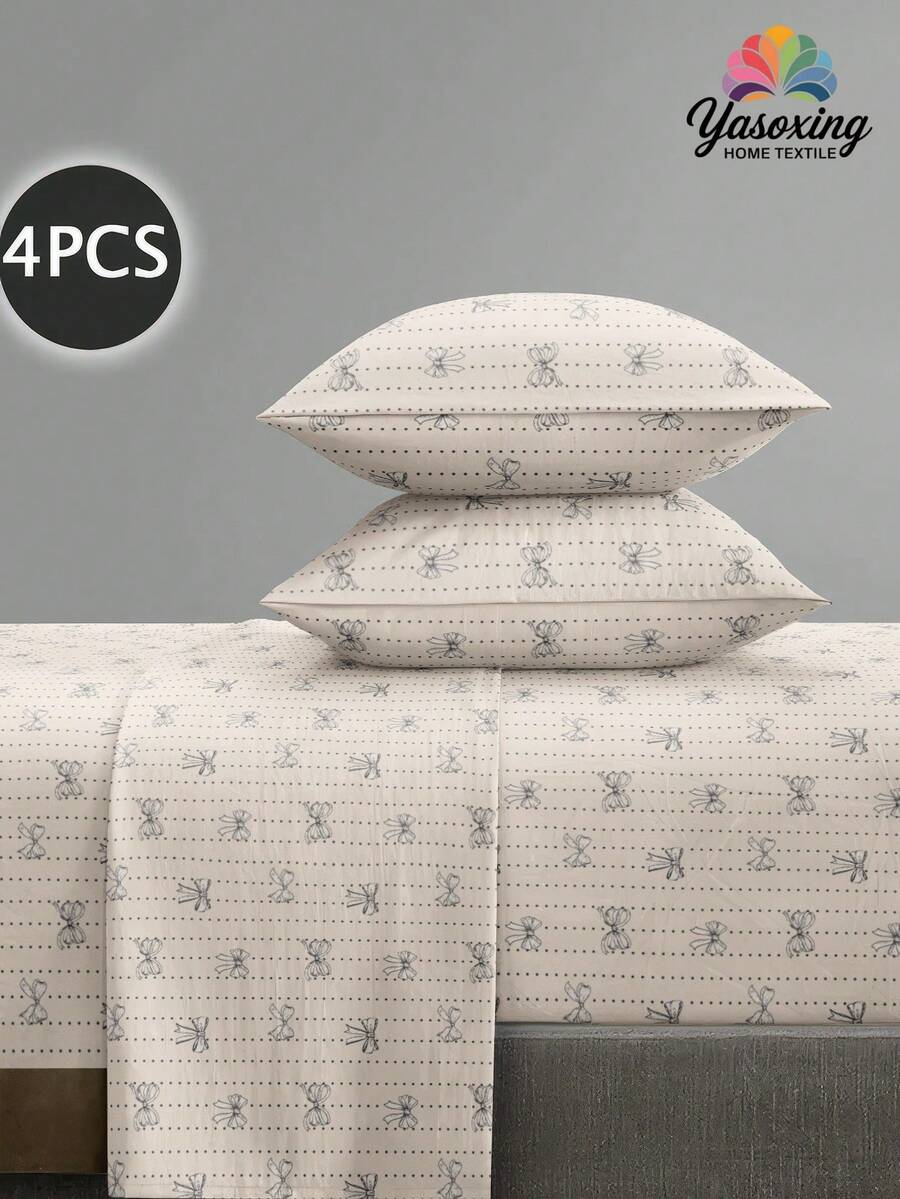 4pcs/Set Cream Gray Polka Dot & Bow Line Art Pattern Bedding Set, Easy Care Soft Bedding Set, Fitted Sheet Set (1 Flat Sheet + 1 Fitted Sheet + 2 Pillowcases) Bedding Set King/Queen/Full/Twin Size, Deep Pocket Up To 11.8 Inches - Multicolor - View 1