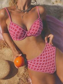 Textured Dot Underwire Bikini Set, New Arrival Beach Vacation Swimwear, Spaghetti Strap & High Cut Bottom, Gift Ready - Rose Red-1 - View 5
