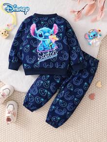 Set Baju Lengan Panjang dan Celana Bayi Laki-laki Disney Musim Gugur/Dingin Lucu dengan Motif Kartun Stitch, Sedikit Elastis, Cocok untuk Pemakaian Sehari-hari dan Hadiah. - Biru - View 2