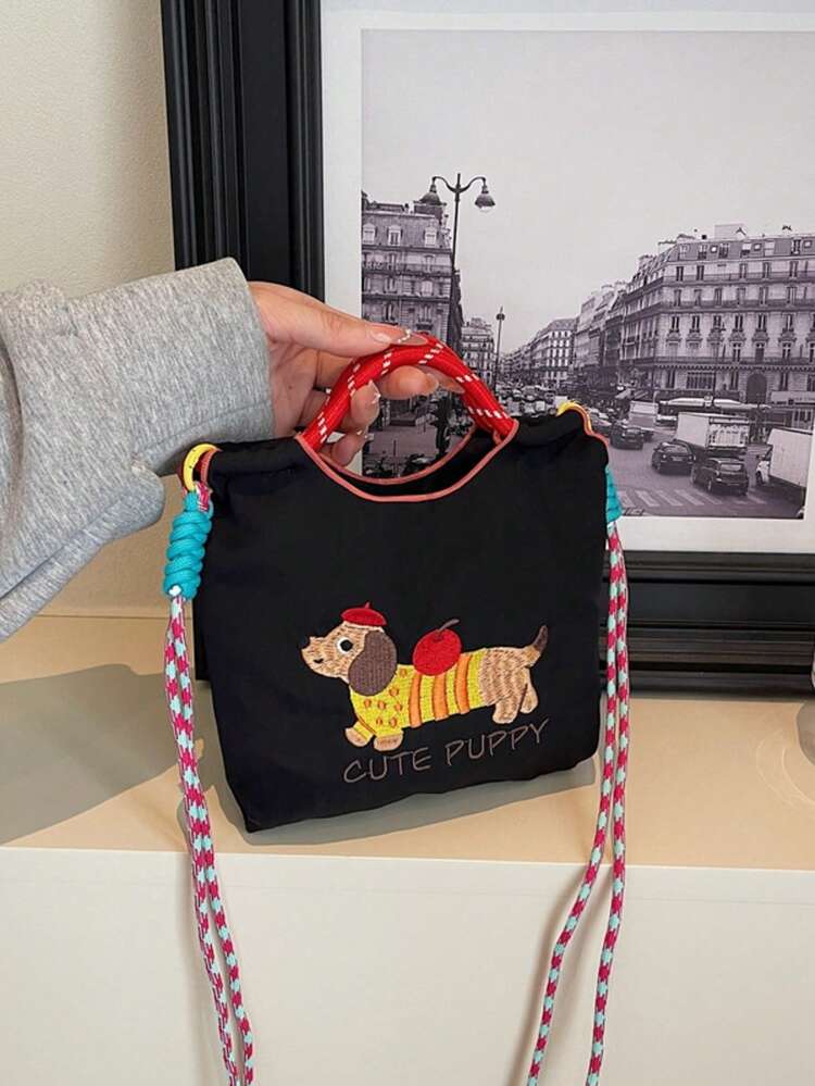 Túi xô vải canvas hình chó Dachshund dễ thương, túi đeo vai thời trang dung tích lớn cho nữ, túi xách nữ thêu hình chó có dây đeo vai tháo rời được - Nhiều màu - Xem 11