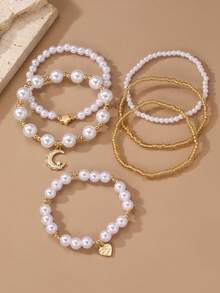 6pcs/Set Girls Moon Star Heart Letter Pearl Seed Bead Bracelet Set Combination Suitable For Daily Decoration - Multicolor - View 6