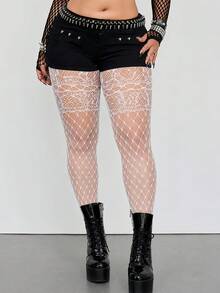 1 Pair Plus Size Women's White Lace Top Fishnet Stockings, Punk Elastic Mesh Thigh High Socks, Suitable For Pairing With Shorts And Platform Boots - White - View 1