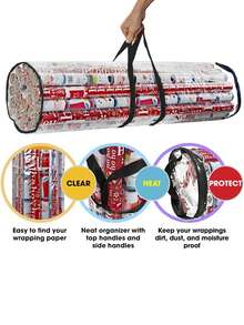 1pc Clear Gift Wrap Storage Bag,PVC Wrapping Paper Storage Bag With Handles,Easy Carry Tube Container,Clear Christmas New Year Gift Wrap Organizer Snacks Toys And Party Packaging. - Black Transparent - View 6