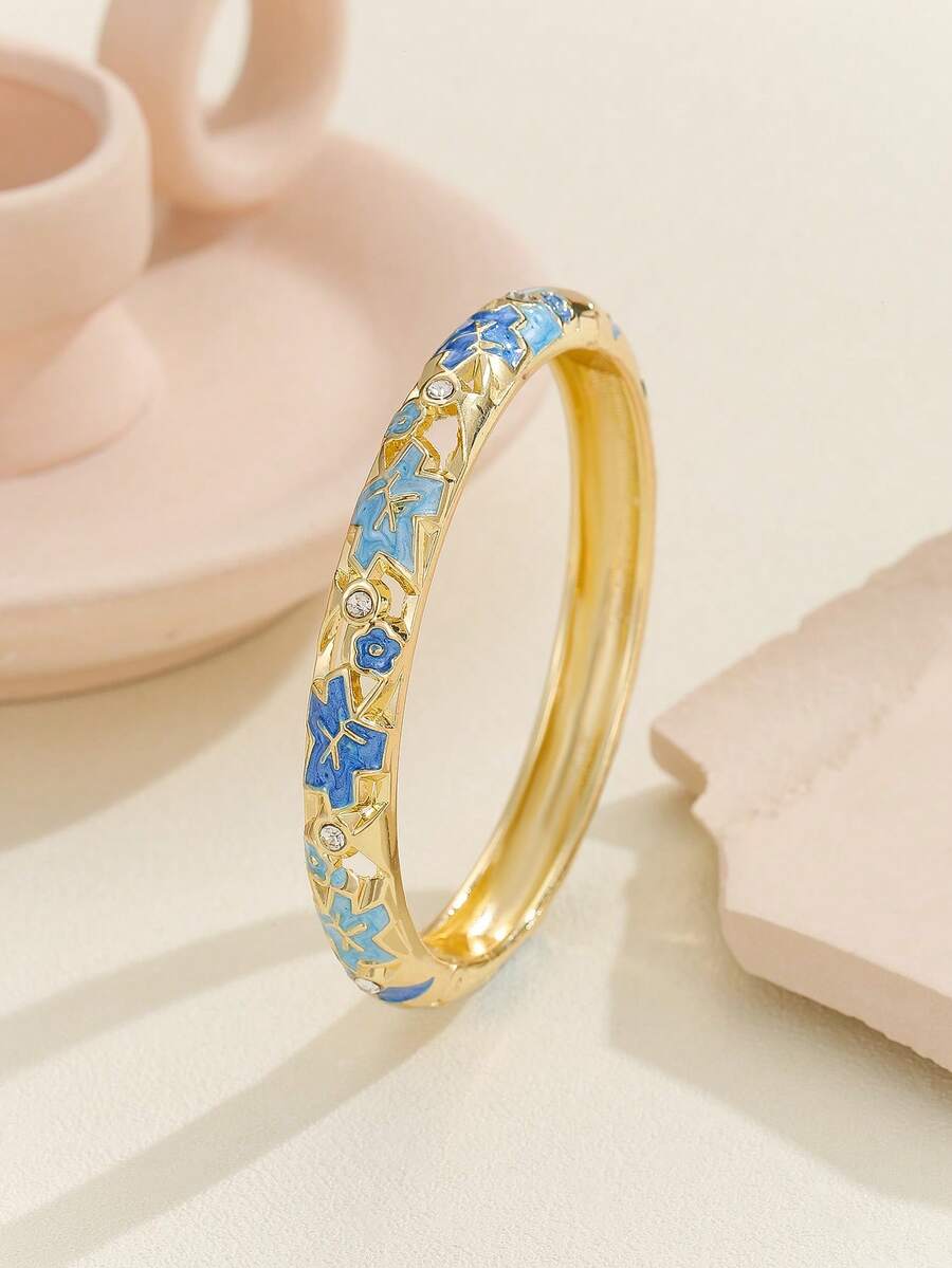 1件時尚新款鍍金精緻水鑽花卉圖案琺瑯掐絲手鐲飾品,女孩女性禮物,藍色 - 淺藍色 - 查看 1