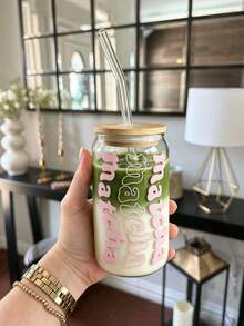 1組透明粉色字母抹茶玻璃吸管杯含蓋與吸管，冰咖啡玻璃吸管杯，玻璃吸管杯飲具，抹茶愛好者必備吸管杯，時尚玻璃吸管杯 - 彩色 - 查看 1