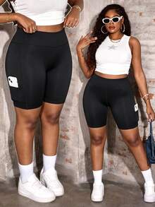 Summer New Women's Plus Size Solid Color Elastic Sports Shorts With Side Pockets, Versatile Retro Minimalist Slim High Waist Running Street Black - Black - View 6