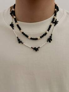 2pcs/Set Casual Retro Style Asymmetrical Faux Turquoise Coconut Shell Rice Bead Charm Faux Jewelry Necklace Set, Hip-Hop Premium Feel, Personalized Minimalist, Street Style, Wedding, Vacation, Banquet, Party, Holiday, Couple Versatile Fashion Men's Necklace Gift - Necklace - View 2