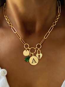 1PC Gold Luxury A-Z Letter Necklace, Unique Lock Tag And Green Diamond Letter Chain, Initial Letter Pendant,For Women's Exquisite Daily Work Decor - Yellow Gold - View 30
