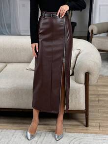 Women's Spring/Summer Black Fashion Elegant PU Leather Long Pencil Skirt With Zipper Slit (No Belt) Casual / Office / Party Skirt - Burgundy - View 4