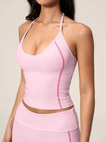 TimeOff Women's One Set Solid Color Adjustable Strap Camisole Tank Top & Wide Leg Mid-Length Shorts Sports Set - Pink - View 7