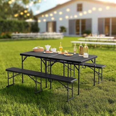6 FT Plastic Folding Bench With Handle, Sturdy Metal Frame, Perfect For Indoor/Outdoor Party, Picnic, Camping, Restaurant, Dinning Room, Cafe, Wedding And Commercial Events ,Outdoor Bench,Outdoor Furniture,(Black)