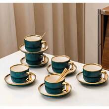 Vintage Kaffeetassen- und Untertassen-Set (2 Stü), europäische Keramiktasse mit Teller, Büro-Nachmittagstee-Latte-Tasse, elegantes Tafelgeschirr für den Wohnbereich - Standard - Übersicht 3