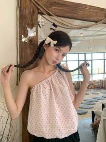 Sweet Asymmetrical Shoulder Slimming T-Shirt, Backless Polka Dot Sleeveless Top For Women, Summer Pink Casual - Pink - View 1