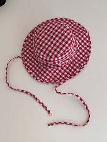 1 Stück Vintage-Karomuster-Patchwork-Kontrastfarben-Kordelzug-Breitkrempel-Fischerhut, Boho-Urlaubs-Frühling-Sommer-Sonnenhut, heller monochromer Look Schnürung-Sonnenschutz-Hut für Reisen und UV-Schutz - Kariertes Schlüsselband - Übersicht 8