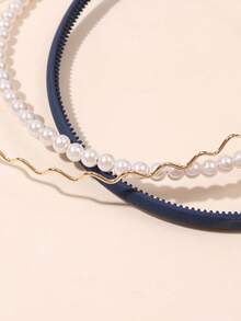 3pcs Girls Fashion Metal Pearl Headbands, Autumn Daily Decoration - Navy Blue - View 3