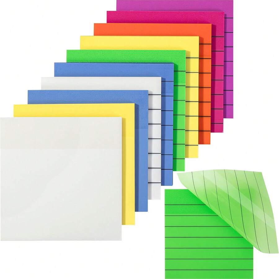 6packs/7packs/12packs Multi-Color Transparent Waterproof PET Lined Blank Self-Adhesive Sticky Note Set, Fluorescent Regular Color Series With Grid Pattern Memo Pads, Office Study Daily Recording, Document Marking Stationery Supplies School Supplies - one-size - View 1