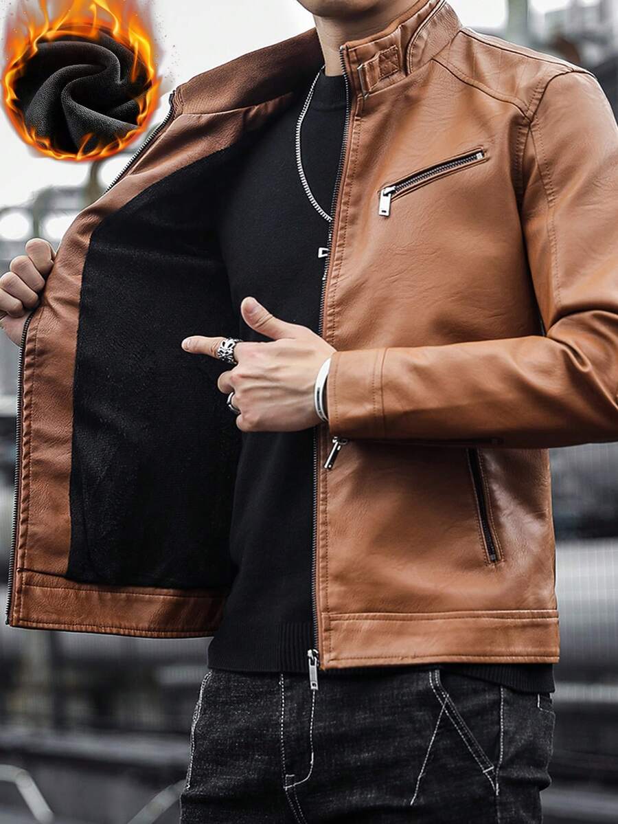 Men's Zipper Pocket Streetwear Leather Jacket, Fleece Lined, Thickened, Winter - Yellow - View 1