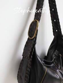 STEPHIECATHY Large Women Single Wide Woven Shoulder Bag PU Leather Y2K Retro Distressed Eyelets Adjustable Strap Zip Decor Pillow Hobo Handbag Daily Travel Commute - Multicolor - View 9