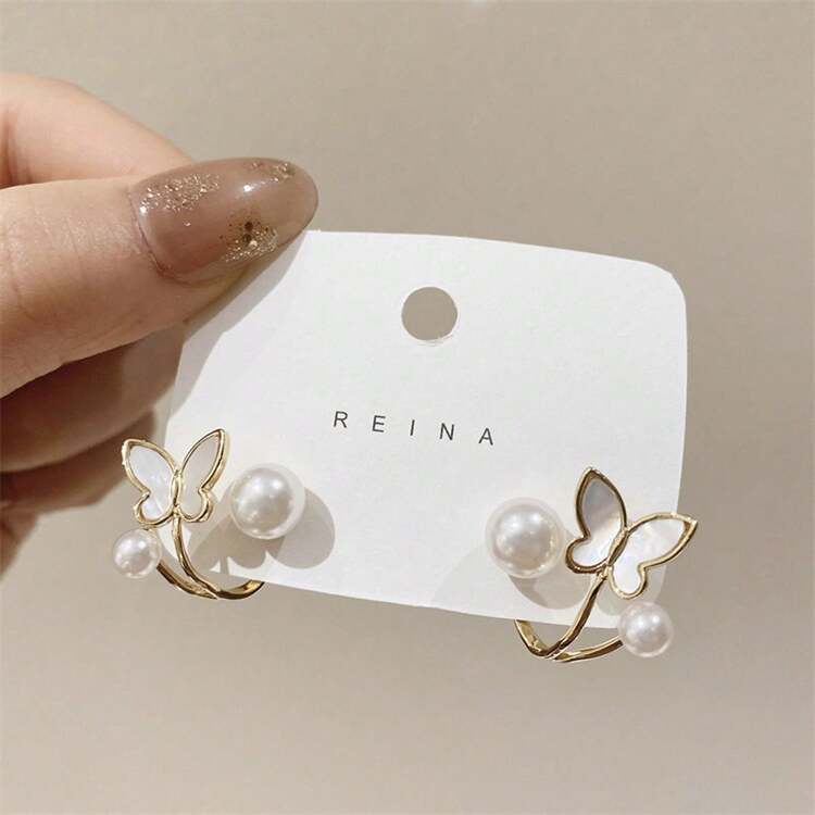 1 Pair Fashion Elegant Butterfly Pearl Earrings, Simple Design, Suitable For Daily Wear, Wedding - Butterfly Pearl Style - View 2