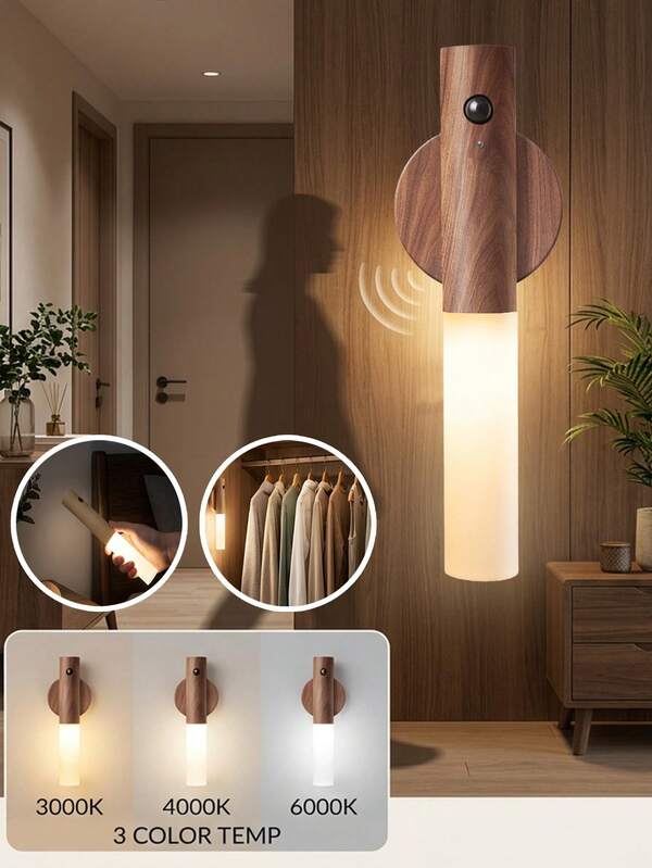 2pcs Motion Sensor Magnetic USB Rechargeable Wall Lights, Wooden Indoor Wall Lamps, Closet Lights For Bathroom, Toilet, Hallway, Bedroom, Wardrobe, Stairs, Cabinet