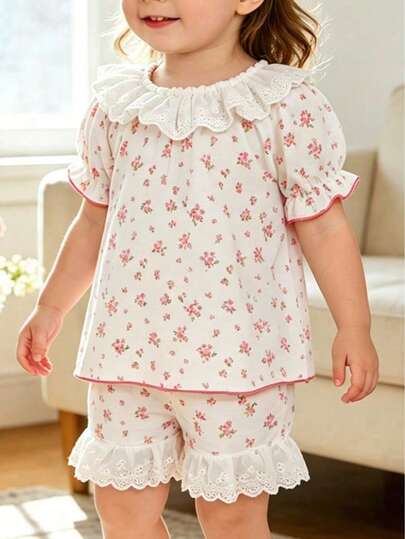 2 Pieces Cute Little Baby Pink Flower Bubble Crepe Round Neck Short Sleeved+Shorts Pajama Set, Comfortable And Soft Home Clothes For Spring And Summer