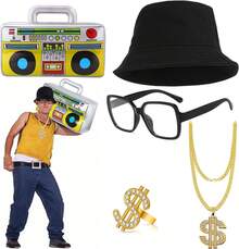 Hip Hop Costume Kit 80's Men's Rapper Accessories Oversized Rectangular Glasses Bucket Hat Gold Dollar Sign Chain Ring Necklace Inflatable Boom Box - 1 - View 1