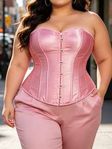 Women's Plus Size Pink Court Style Satin Corset Top, Boned Waist Cincher, Bust Support, Sexy Vintage Body Shaping Top, Halloween Costume, Role Play - Pink - View 3
