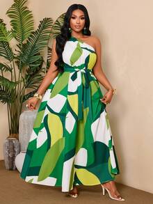 BIUBIU Robe élégante grande taille imprimé africain, robe longue verte fluide avec taille ceinturée, robes d'été pour femmes vacances fête - Vert - Voir 3
