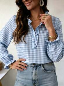 Women's Plaid Ruffle Button Detail Stand Collar Long Sleeve Regular Fit Polyester Shirt - Baby Blue - View 2
