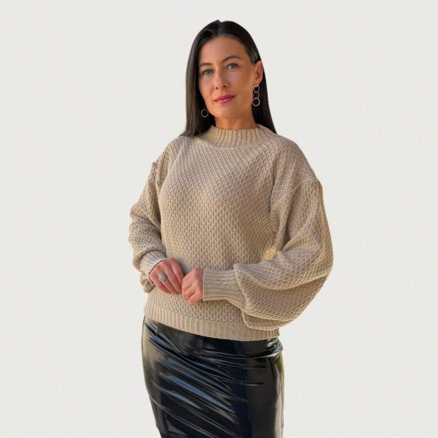 Knitted Winter Blouse With Crochet Detail - Lucky Blogger - 米色 - 查看 1