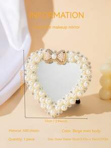1pc Vintage Pearl Crystal Bow Desktop Makeup Mirror, Cute Heart/Round/Square Desktop Makeup Mirror, Suitable For Bedroom Vanity And Dorm Decor, Ideal Gift For Women - Beige - View 13
