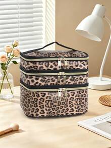 1pc 3-Layer Partitioned Black & Pink Bow Texture Makeup Bag, All-Over Letter & Bow Print, Large Capacity, Portable Handheld Daily Touch-Up Bag For Women - Multicolor - View 11