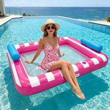 Balsa inflable flotante para piscina exterior, silla lounge flotante rectangular grande para adultos con portavasos, portátil - Flotador reclinable cuadrado a rayas - Ver 2