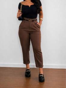 Women's High-Waisted Tailored Trousers With Belt | Elegant Formal Trousers With Pocket And Side Zipper - 03棕色 - 查看 2