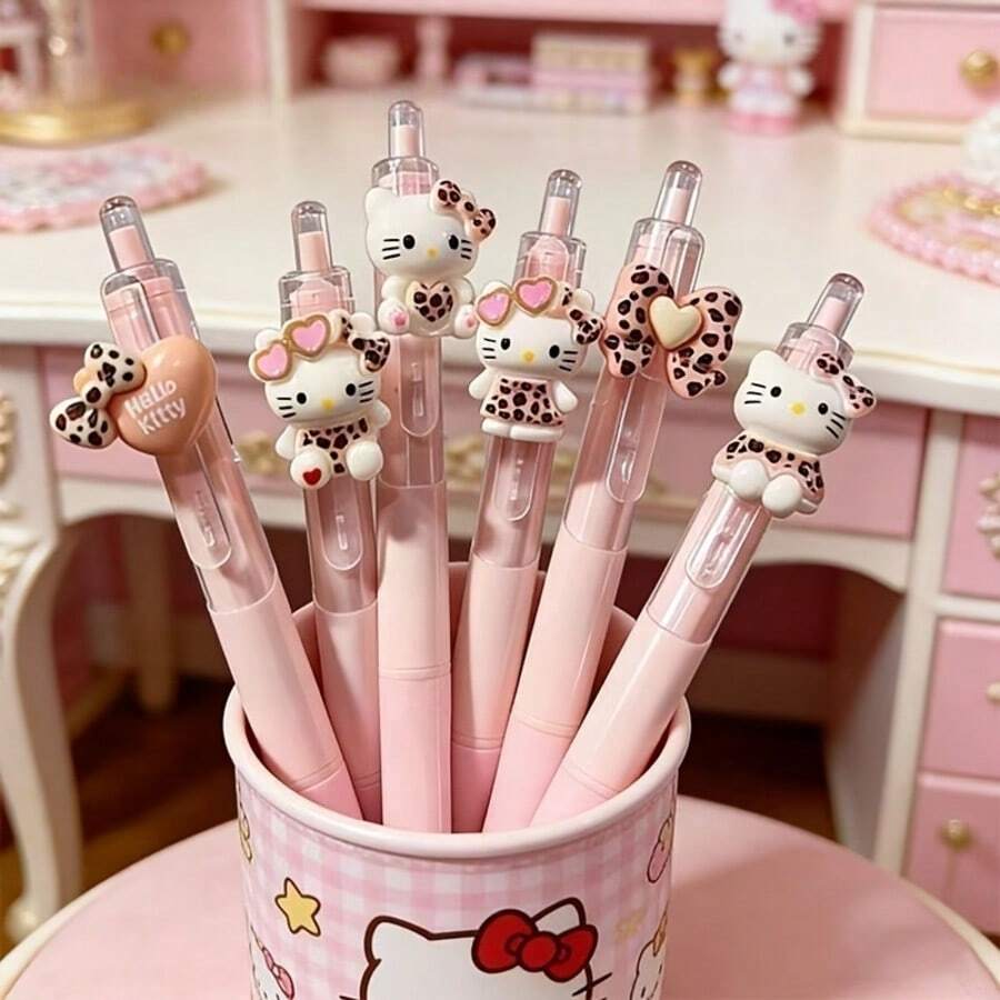Sanrio Random 6/12Piece Set KT Cat 3D 0.5mm Neutral Pen, Cute Pink Click Pen With Smooth Writing, Quick-Drying, Paper-Friendly, Ideal For Note-Taking, Journaling, Office Memoranda, Etc. Perfect For Both Gifting And Personal Use - Sets - View 1