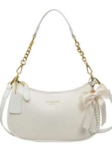 Tas Bahu Wanita Warna Polos Bahan PU, Huruf, Pita, dan Liontin Mutiara - Putih - View 1