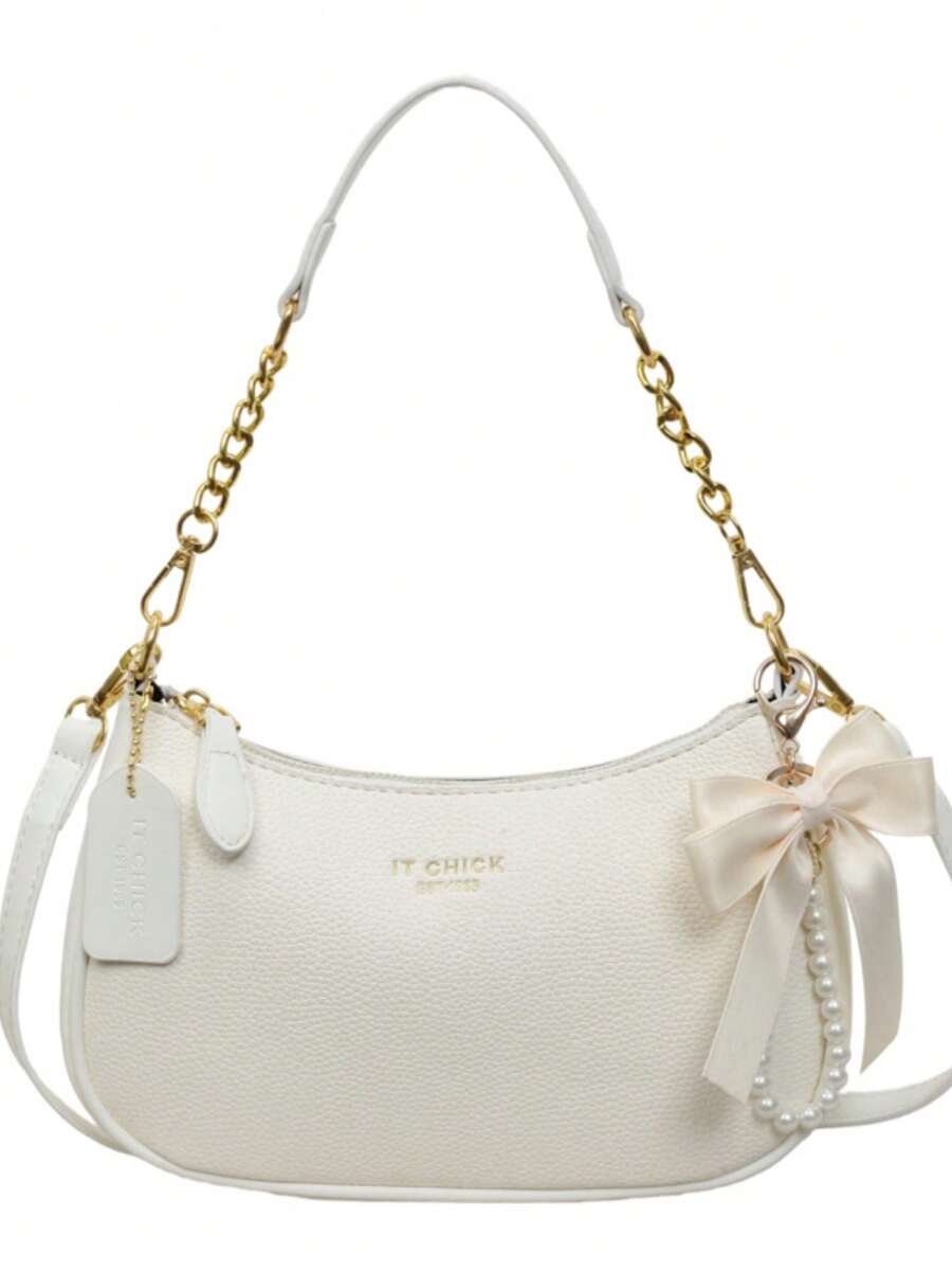 Tas Bahu Wanita Warna Polos Bahan PU, Huruf, Pita, dan Liontin Mutiara - Putih - View 1