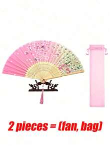 1/2pcs Pink Floral Pattern Decorative Folding Chinese Fan, Suitable For Party, Dance, Home Decor, Birthday Gift, Graduation Gift - Pink - View 7