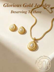3pcs/1set, 304 Stainless Steel Vintage Water Drop Pearl Pendant Necklace And Earrings Set, Suitable For Women And Girls, Can Be Used As Mother's Gift, Christmas, Thanksgiving, Halloween, Wedding, Back To School, Carnival Party/Dance/Gathering/Daily/Beach Accessory, Anniversary, Valentine's Day, Bohemian Style Jewelry, Birthday, Bridesmaid Gift. - Jewelry Set - View 3