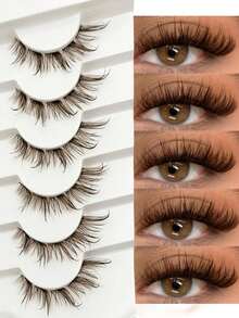 6 Pairs Wet Look Brown False Eyelashes, Transparent Band, Fluffy Reusable, Extendable, Suitable For Dramatic Curled Lightweight Makeup, Makeup Tool - View 2