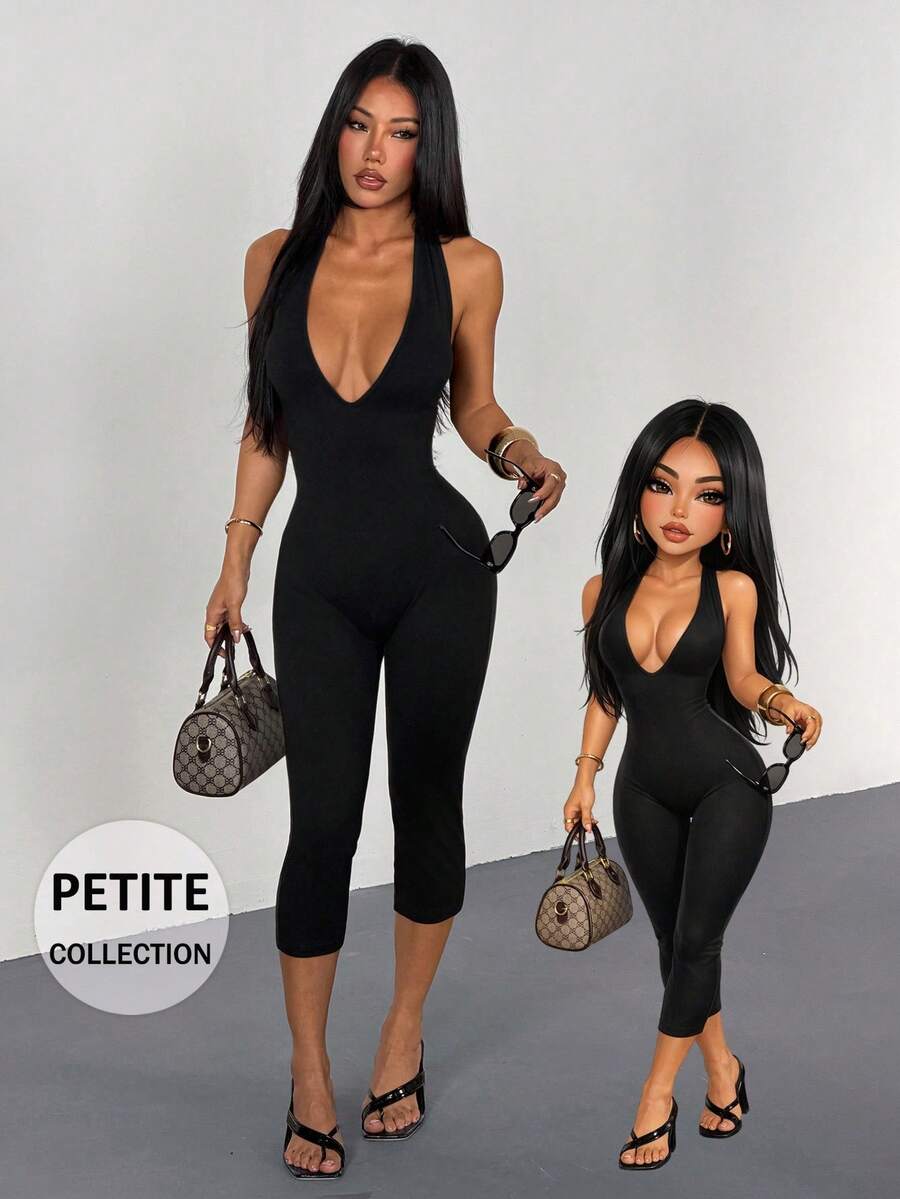 AITYI Studio PETITE Women's Jumpsuit, Well Fit Casual V-Neck Spaghetti Strap Black Comfortable Slim Flattering Fashionable Sexy Chic Outdoor Commute Workout Versatile Y2K, Suitable For Outings, Holidays, Beach Parties, Country Getaways, Graduation, June Celebration, Saint John, Summer Elastic Knit Spaghetti Strap Cropped Jumpsuit - Black - View 1