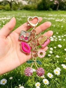 Elegant Exquisite Diamond Inlaid Cherry Pendant Keychain, Makeup Theme Pendant, Y2K Style, With Cute Pink Cherry, Rose Lips, Eyeshadow Palette And Donut Design, Summer Pink, Suitable For Backpack, Handbag, Wallet, Beach Bag, Phone Charm - Multicolor - View 5