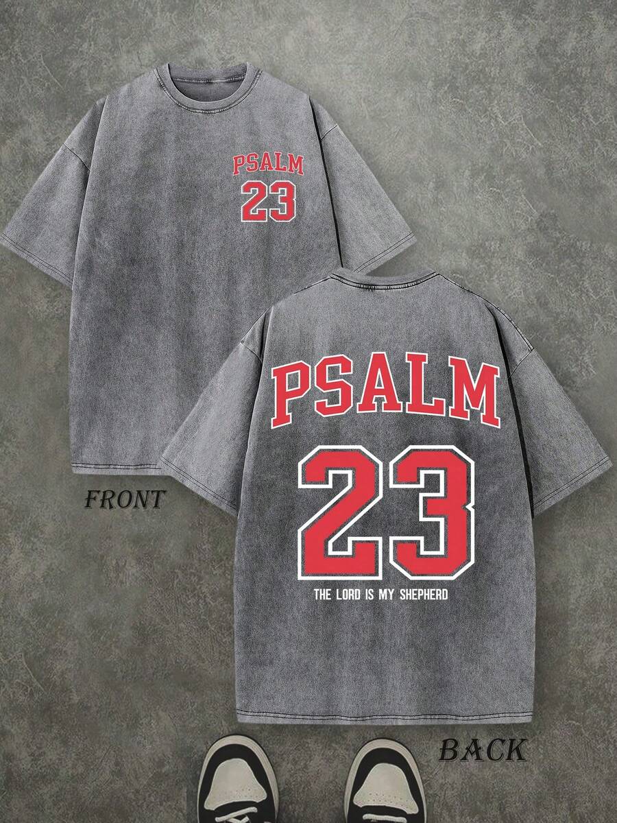 PSALM 23 Christian T-Shirt, T-Shirt With Bible Scripture 'THE LORD MY SHEPHERD', Vintage Retro Washed T-Shirt With Double-Sided Print (230 G/M² Cotton T-Shirt), Shirt - 灰色 - 查看 1