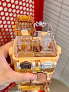 兒童雙飲水杯 夏季可愛大容量卡通吸管杯 中性學生戶外便攜橘色水壺附掛繩 - 橘色 - 查看 3