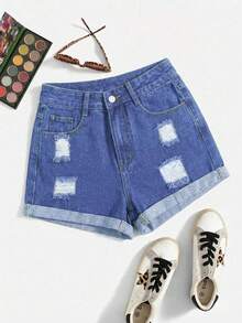 OODS  Shorts vaqueros de mujer para verano con bolsillos sesgados y rotos, con puños - Gris Oscuro - Ver 7